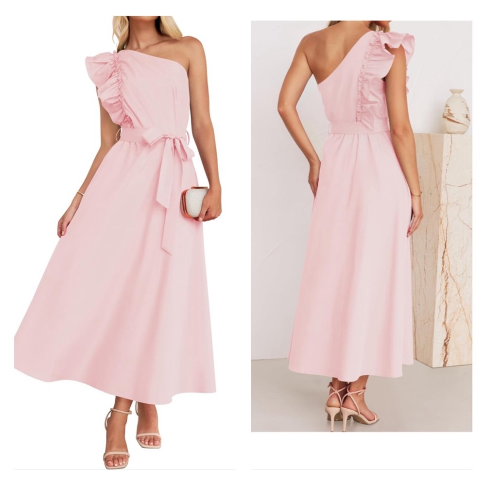One-Shoulder Ruffle Maxi Dress - Light Pink